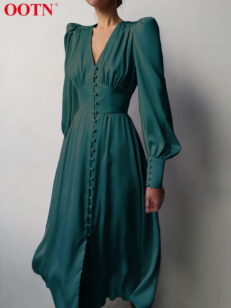 White Single Breasted Elegant Dress For Women Party Robe High Waist Satin Long Dress Chic Midi Dresses Lantern Sleeve