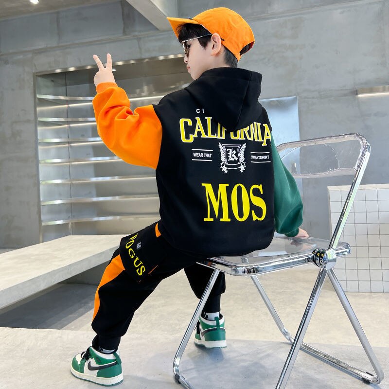 Children Boys Spring Autumn Clothing Sets 2022 New Fashion Patchwork Hooded Letters Print Sportswear Teenagers 2 Pieces Outfits
