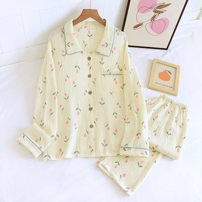 Spring New Ladies Pajamas Set Heart Printed Crepe Cotton Double-layer Gauze Turn-down Collar Long-sleeve Trousers Household Wear