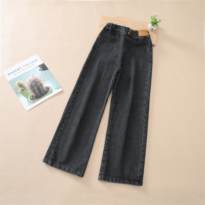 Teenage Girls Jeans With Fleece Autumn Winter Casual Fashion Kids Wide Leg Insulated Jeans Pants School Children Denim Trousers