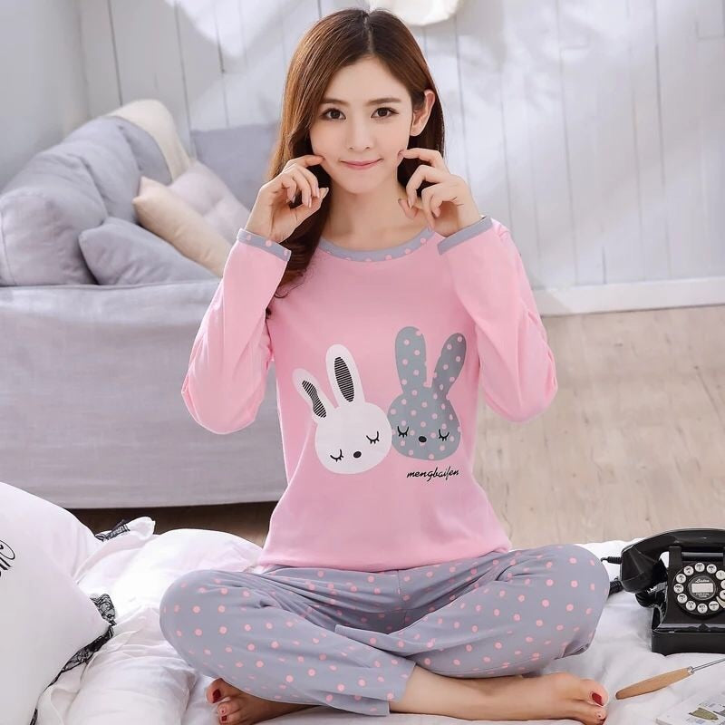 Autumn Thin 2pieces Pajamas Set Women Sleepwear Lovely Home Suits Round Neck Girls Teacup SleepwearLong Sleeve Pajamas