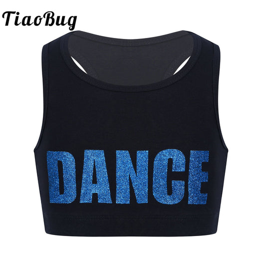 Kids Girls Sleeveless Shiny Letters DANCE Printed Crop Top Sports Gymnastics Ballet Tops Stage Performance Dance Costume