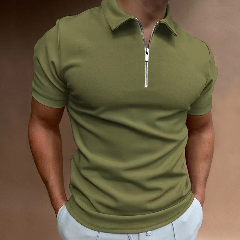 NEW Men Solid Color Polo Shirt Short Sleeve Turn-Down Collar Zipper Polo Shirt for Men Casual Streetwear Summer Male Tops