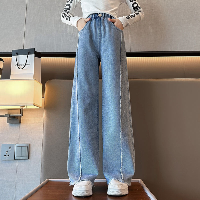 Children Wide Leg Jeans Spring 2023 Geometric Pattern Fashion Teenage School Kids Pants Casual Loose Straight Trousers for Girls