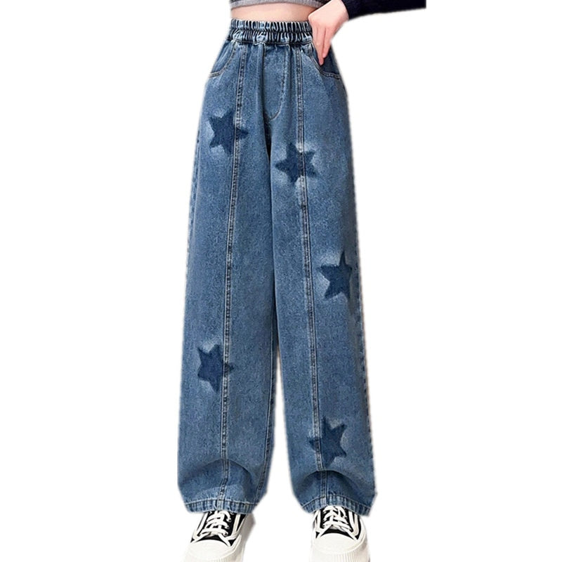 Children Wide Leg Jeans Spring 2023 Geometric Pattern Fashion Teenage School Kids Pants Casual Loose Straight Trousers for Girls