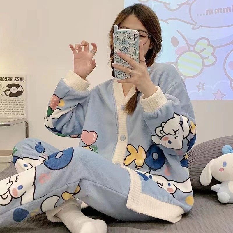 Kawaii Sanrio Kuromi New Autumn Kawaii Two Piece Pajamas Soft Home Wear Outgoing Girl Christmas Birthday Gift Clothes