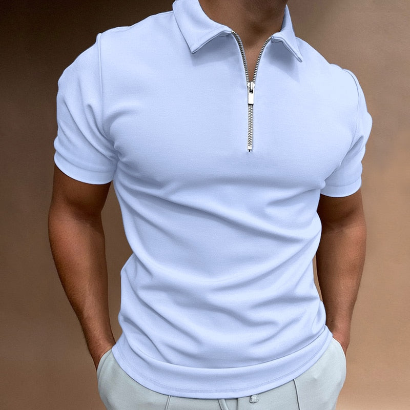 NEW Men Solid Color Polo Shirt Short Sleeve Turn-Down Collar Zipper Polo Shirt for Men Casual Streetwear Summer Male Tops