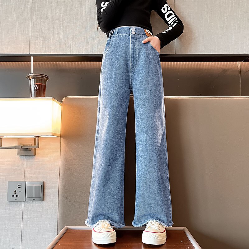 Children Wide Leg Jeans Spring 2023 Geometric Pattern Fashion Teenage School Kids Pants Casual Loose Straight Trousers for Girls
