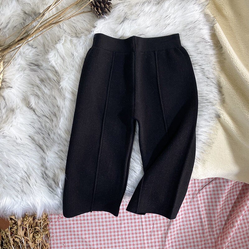 Kids Girls Knitted Casual Pants Loose Autumn Winter Outwear Trousers Black Gray Apricot Wide Leg