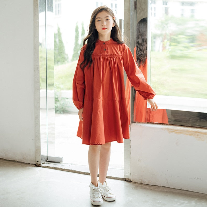 Long Sleeve Kids Dresses For Teenage Girls Autumn Cotton Princess Casual Loose Midi Dress Young Children Clothes 12 13 14 15 16Y