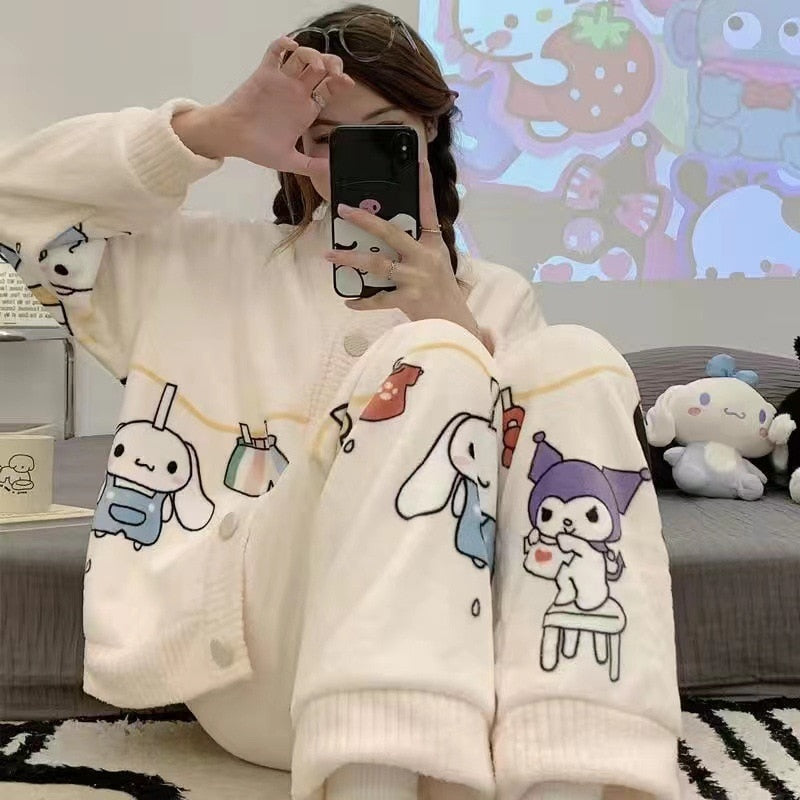 Kawaii Sanrio Kuromi New Autumn Kawaii Two Piece Pajamas Soft Home Wear Outgoing Girl Christmas Birthday Gift Clothes