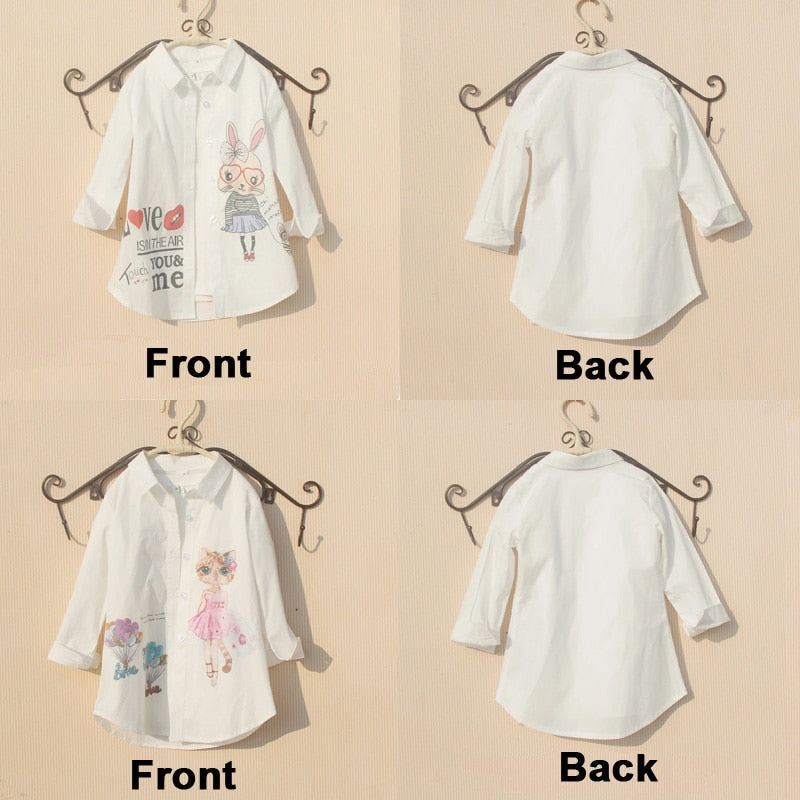 Girls Blouse 2023 Spring Children Clothes Cartoon Rabbit Long Sleeve Tops White Blouses for 8 To 12 Years Teenage Girls Shirt