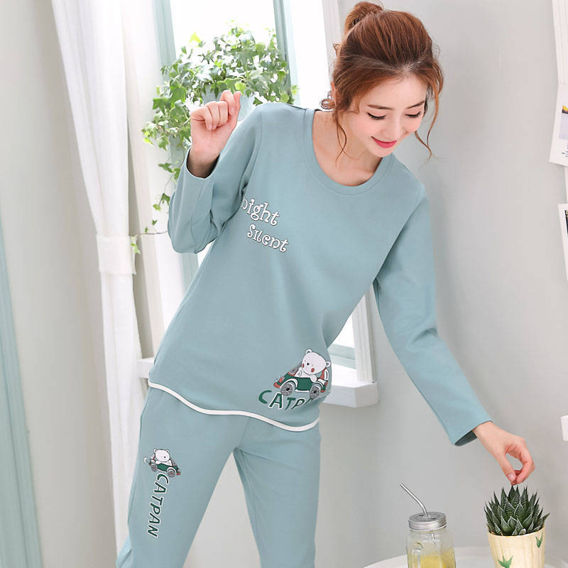 Autumn Thin 2pieces Pajamas Set Women Sleepwear Lovely Home Suits Round Neck Girls Teacup SleepwearLong Sleeve Pajamas