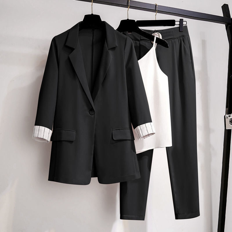 Women's Spring Summer Thin Blazer Pants 3 Pcs Set Office Lady Work Graceful Suit Coat Trousers Vest Outfits Daily Clothes