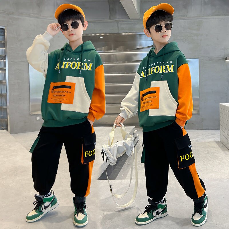 Children Boys Spring Autumn Clothing Sets 2022 New Fashion Patchwork Hooded Letters Print Sportswear Teenagers 2 Pieces Outfits