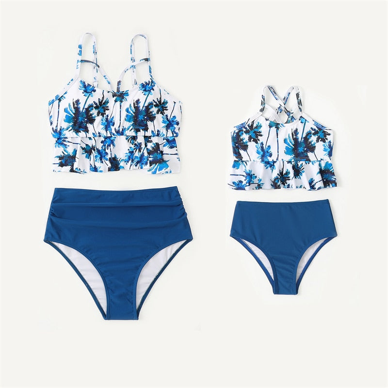 PalmTree Mother Daughter Matching Swimsuits Family Set Ruffled Mommy and Me Dresses Clothes HighWaist Women Girls Swimwear 2023