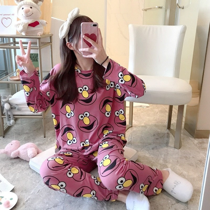 Autumn Thin 2pieces Pajamas Set Women Sleepwear Lovely Home Suits Round Neck Girls Teacup SleepwearLong Sleeve Pajamas