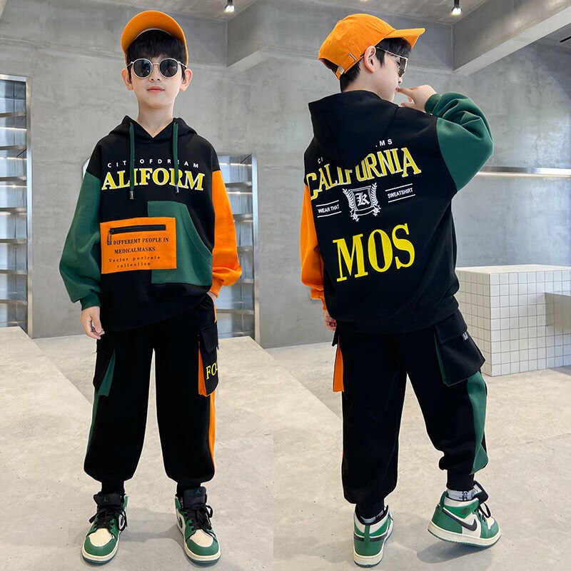 Children Boys Spring Autumn Clothing Sets 2022 New Fashion Patchwork Hooded Letters Print Sportswear Teenagers 2 Pieces Outfits