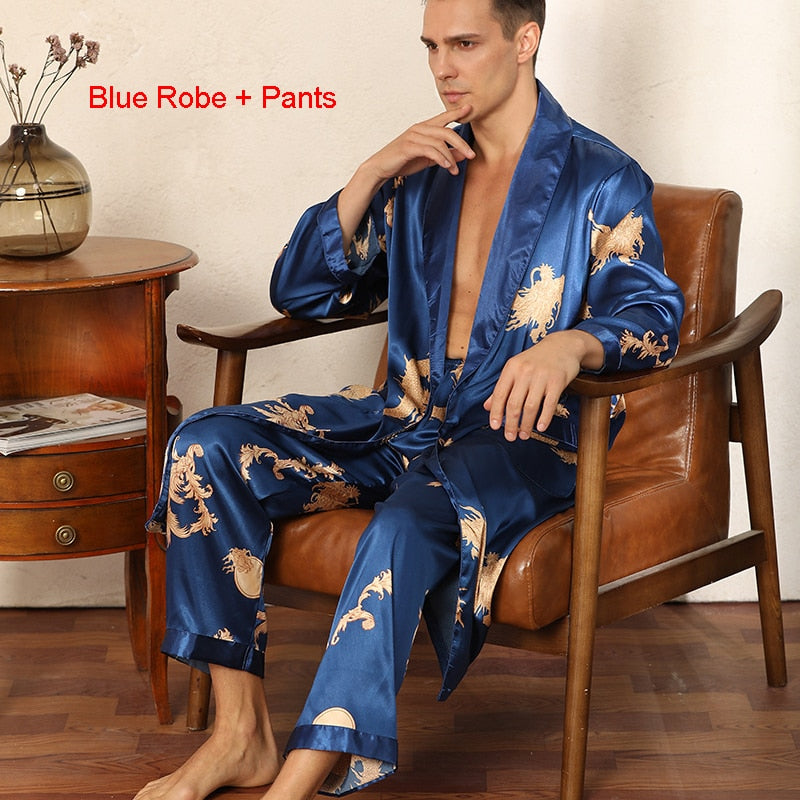 Male Satin Sleepwear Robe&amp;Pants Dargon Pajamas Set Print Men Nightwear Kimono Bathrobe Gown Faux Silk Lounge Wear Home Clothes