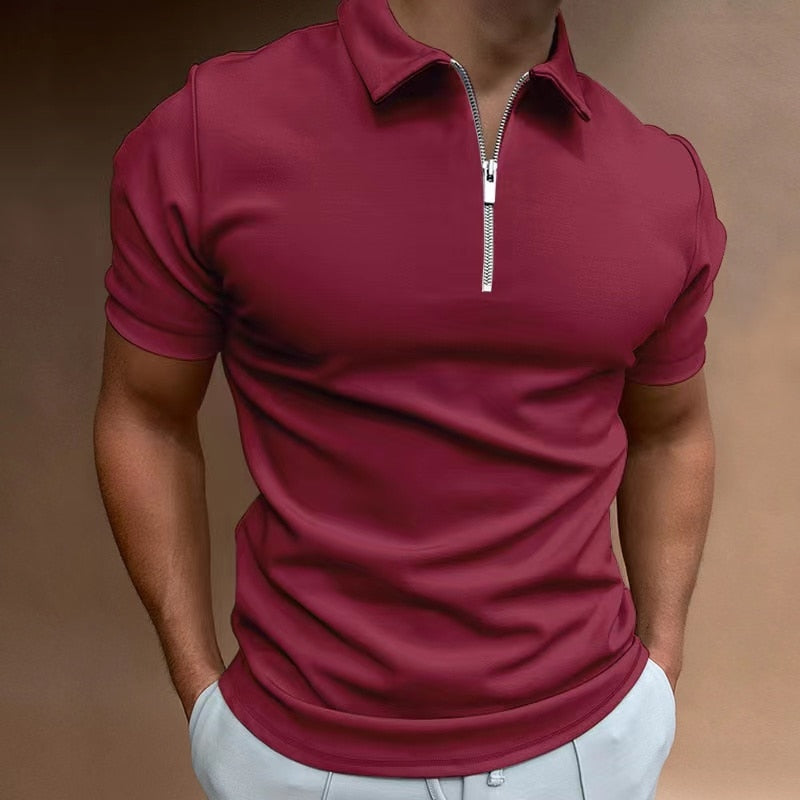 NEW Men Solid Color Polo Shirt Short Sleeve Turn-Down Collar Zipper Polo Shirt for Men Casual Streetwear Summer Male Tops