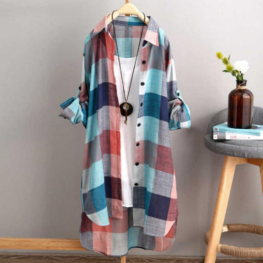 Women Shirt Dress Turn-Down Collar Roll-up Sleeve Buttons Closure Sunscreen Shirt Plaid Print Mid-Length Loose Female Clothing