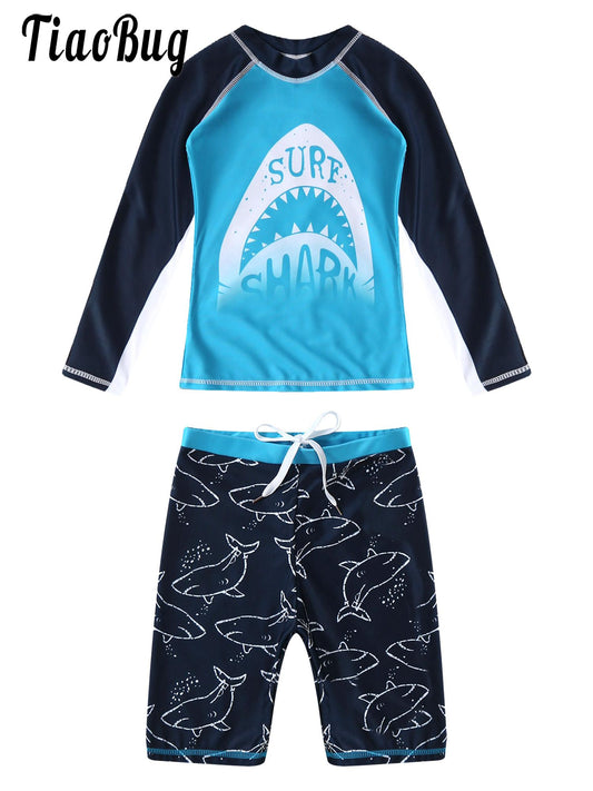 Kids Boys Swimming Suit Swimwear Rashguard Long Sleeves Swim T-Shirt Tops Shorts Sports Set Beach Swimming Bathing 2-10 Years