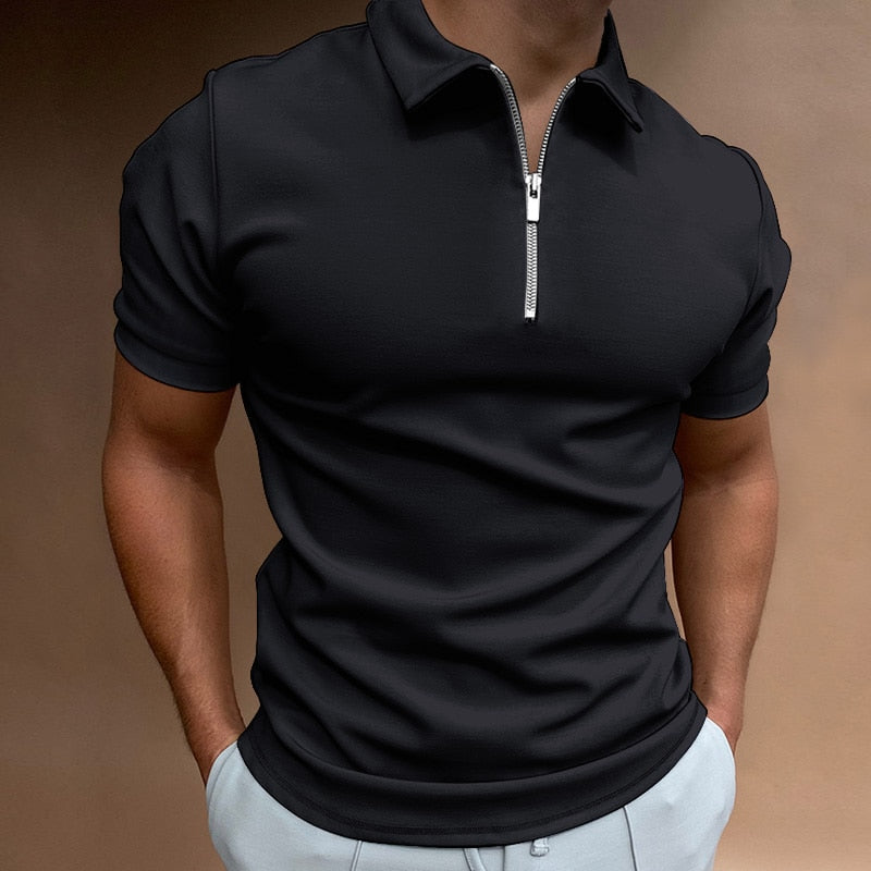 NEW Men Solid Color Polo Shirt Short Sleeve Turn-Down Collar Zipper Polo Shirt for Men Casual Streetwear Summer Male Tops