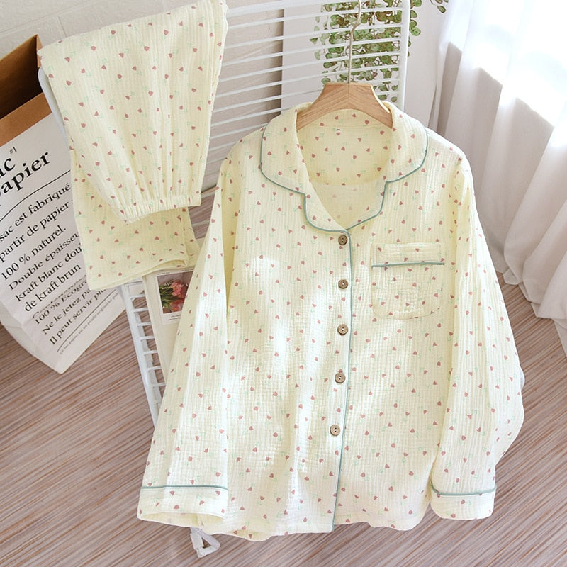 Spring New Ladies Pajamas Set Heart Printed Crepe Cotton Double-layer Gauze Turn-down Collar Long-sleeve Trousers Household Wear