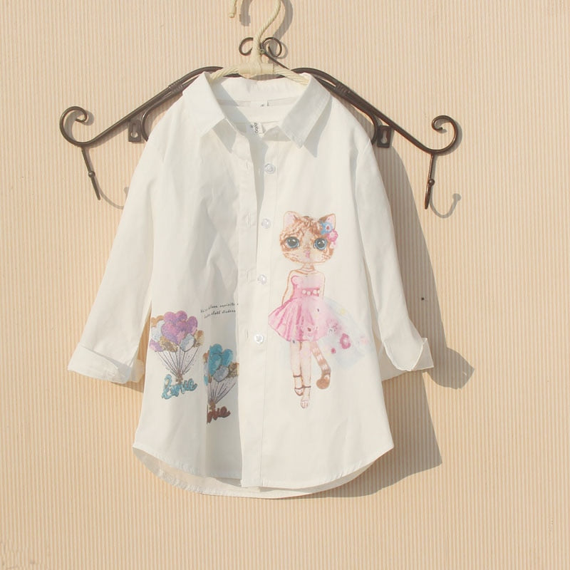 Girls Blouse 2023 Spring Children Clothes Cartoon Rabbit Long Sleeve Tops White Blouses for 8 To 12 Years Teenage Girls Shirt