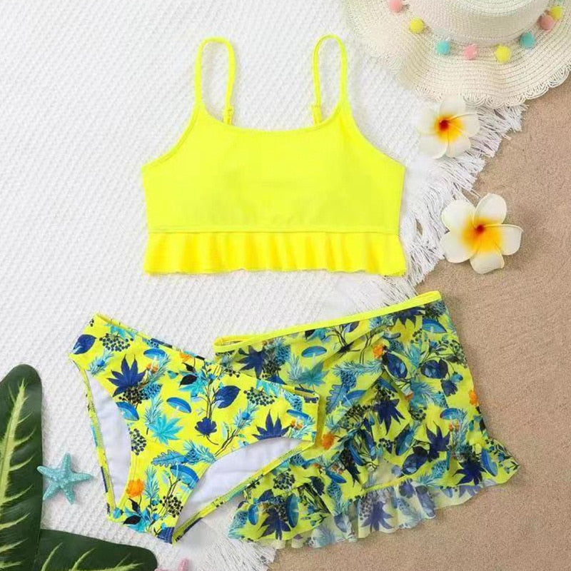 Hotsale Leaf Print Girls Kids Swimsuit Bikinis 3 Pieces Freeshipping Children Swimwear Cover Smock Set Baby Kids Bathing Suit