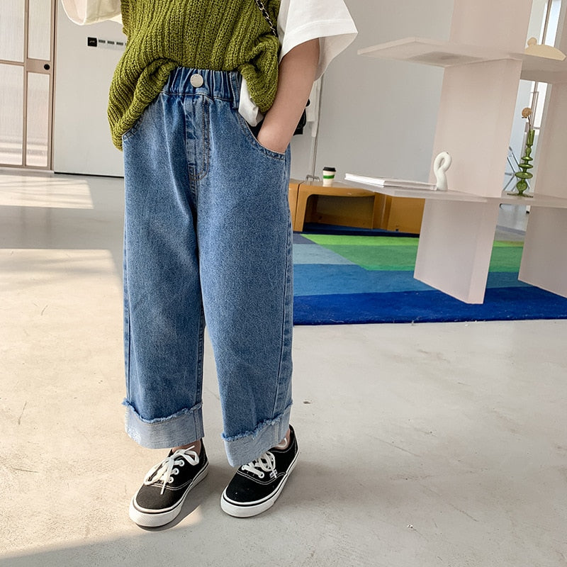 Spring summer Kids crimped wide leg jeans Boys and girls loose thin denim pants Children fashion casual trousers