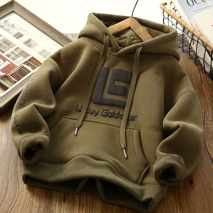 Children's Clothing Boys' Velvet Padded Hooded Sweatshirt Autumn and Winter Padded Top Middle and Big Thermal Head Cover Tops