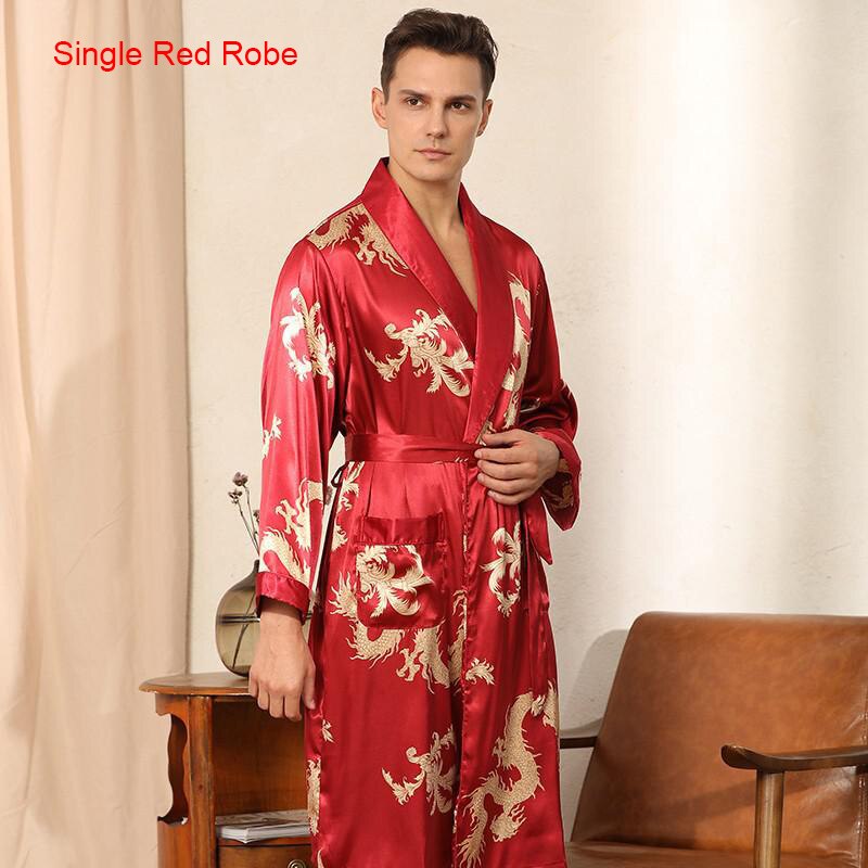 Male Satin Sleepwear Robe&amp;Pants Dargon Pajamas Set Print Men Nightwear Kimono Bathrobe Gown Faux Silk Lounge Wear Home Clothes