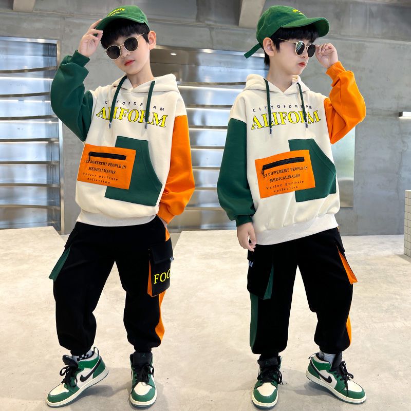 Children Boys Spring Autumn Clothing Sets 2022 New Fashion Patchwork Hooded Letters Print Sportswear Teenagers 2 Pieces Outfits