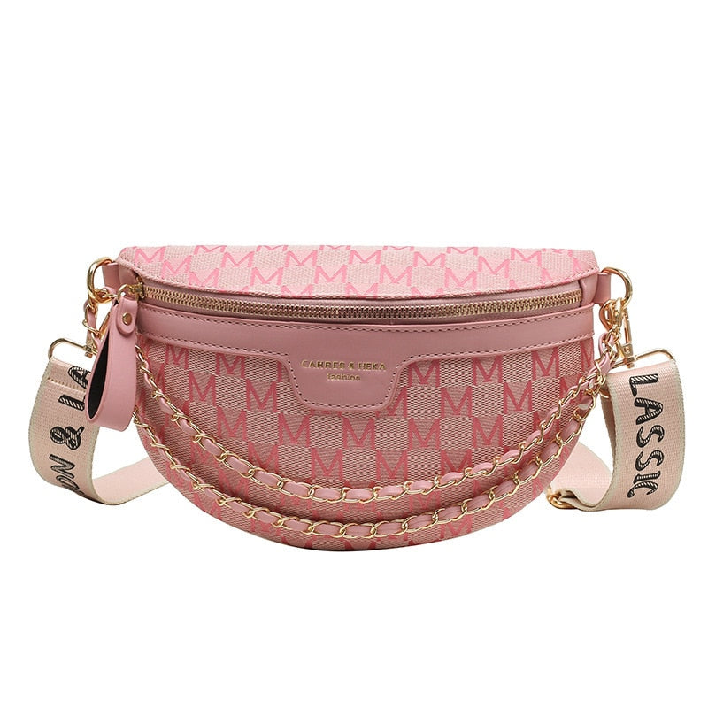 Fashion Pattern Fanny Packs For Women Stylish Letter Printed Chain Waist Bag Female Waist Pack Wide Strap Crossbody Bag