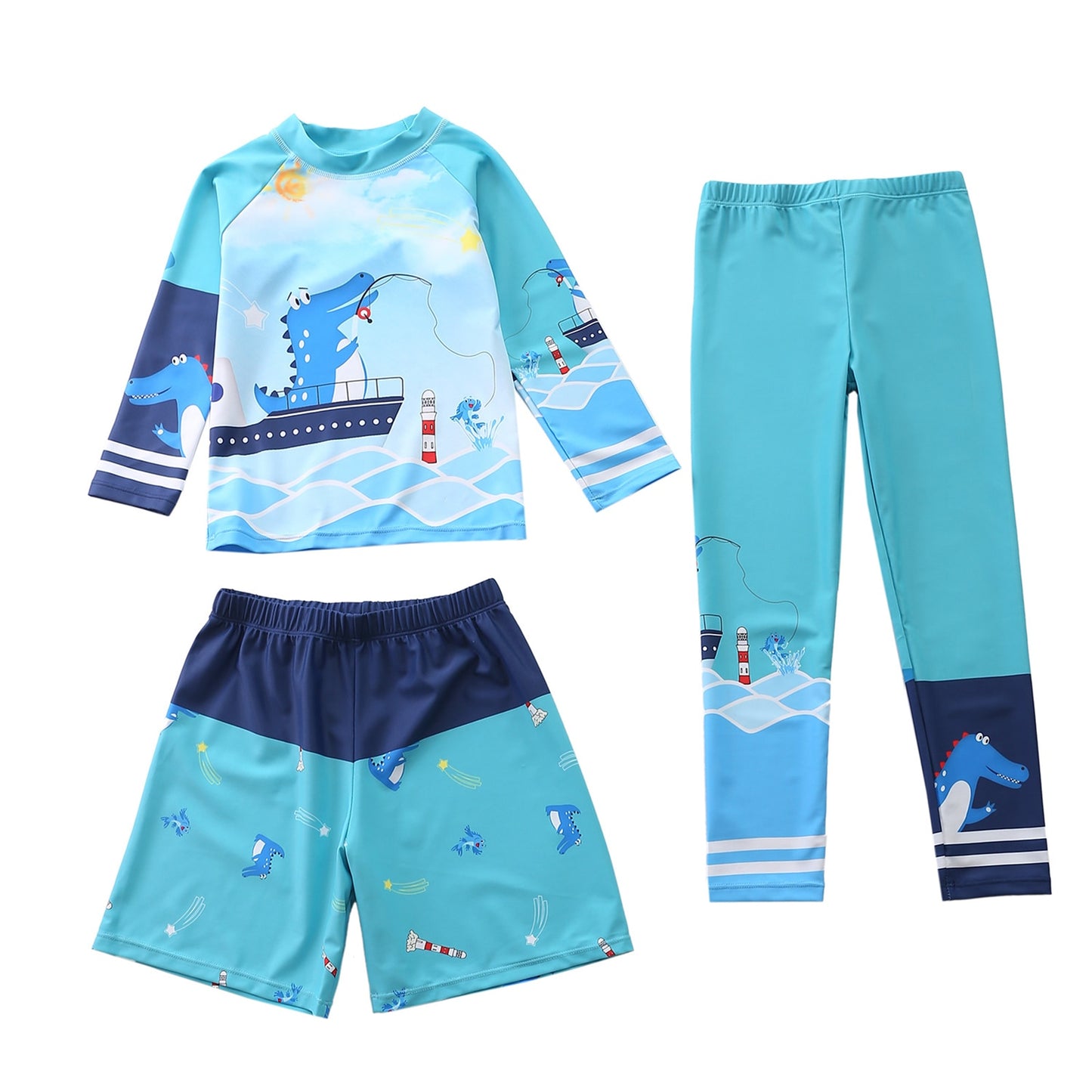Kids Boys Swimming Suit Swimwear Rashguard Long Sleeves Swim T-Shirt Tops Shorts Sports Set Beach Swimming Bathing 2-10 Years