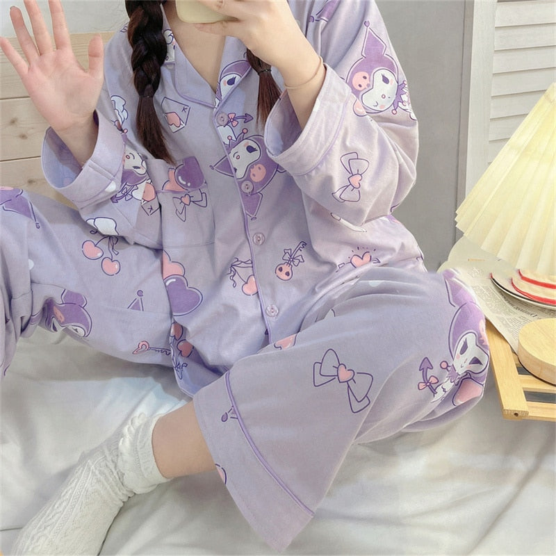 Kawaii Sanrio Kuromi New Autumn Kawaii Two Piece Pajamas Soft Home Wear Outgoing Girl Christmas Birthday Gift Clothes