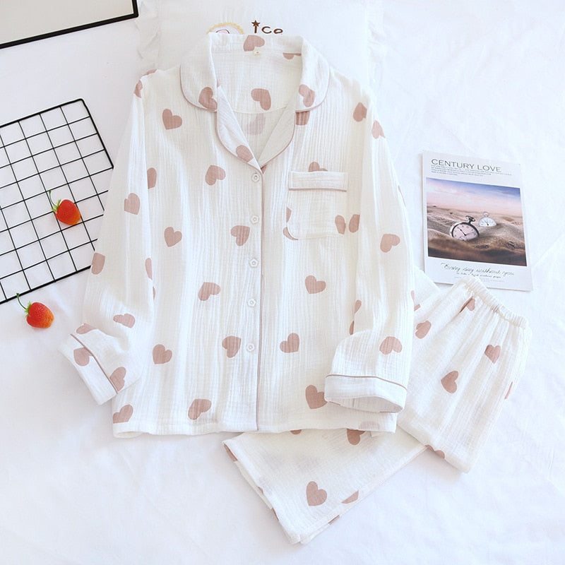 Spring New Ladies Pajamas Set Heart Printed Crepe Cotton Double-layer Gauze Turn-down Collar Long-sleeve Trousers Household Wear