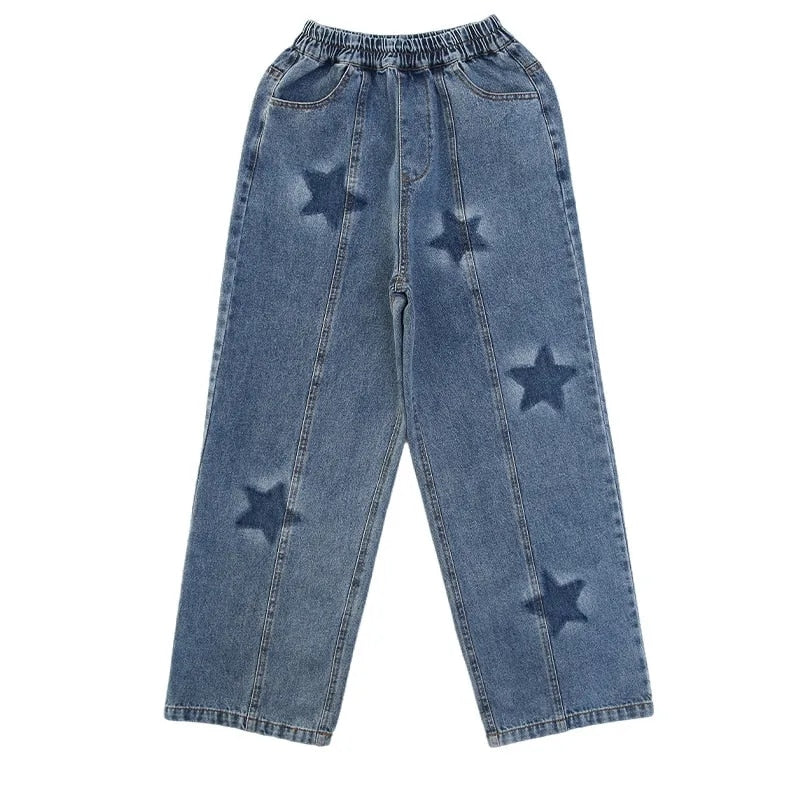 Children Wide Leg Jeans Spring 2023 Geometric Pattern Fashion Teenage School Kids Pants Casual Loose Straight Trousers for Girls