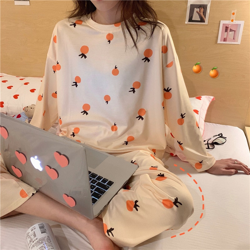 Autumn Thin 2pieces Pajamas Set Women Sleepwear Lovely Home Suits Round Neck Girls Teacup SleepwearLong Sleeve Pajamas