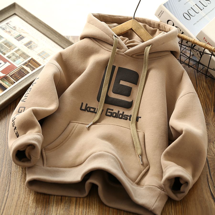 Children's Clothing Boys' Velvet Padded Hooded Sweatshirt Autumn and Winter Padded Top Middle and Big Thermal Head Cover Tops