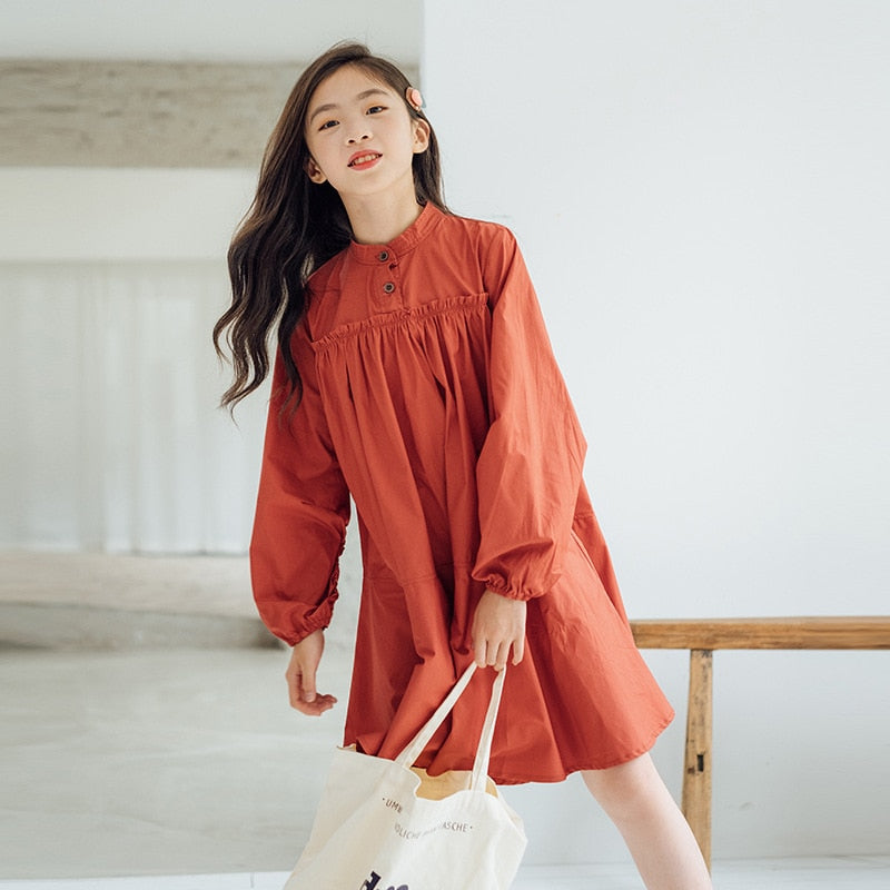 Long Sleeve Kids Dresses For Teenage Girls Autumn Cotton Princess Casual Loose Midi Dress Young Children Clothes 12 13 14 15 16Y