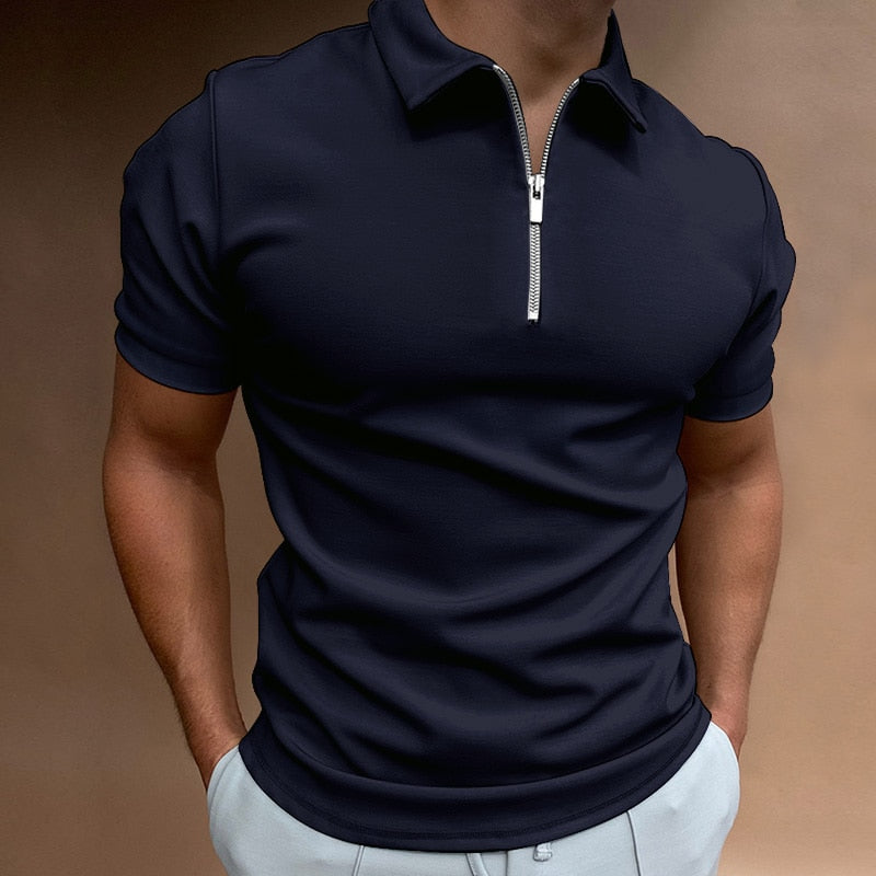 NEW Men Solid Color Polo Shirt Short Sleeve Turn-Down Collar Zipper Polo Shirt for Men Casual Streetwear Summer Male Tops
