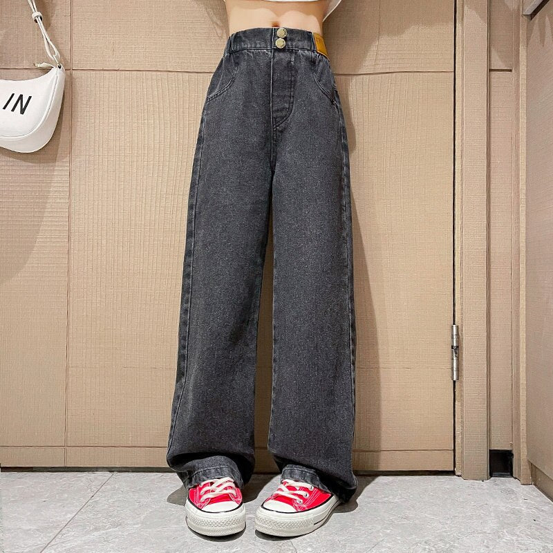 Teenage Girls Jeans With Fleece Autumn Winter Casual Fashion Kids Wide Leg Insulated Jeans Pants School Children Denim Trousers