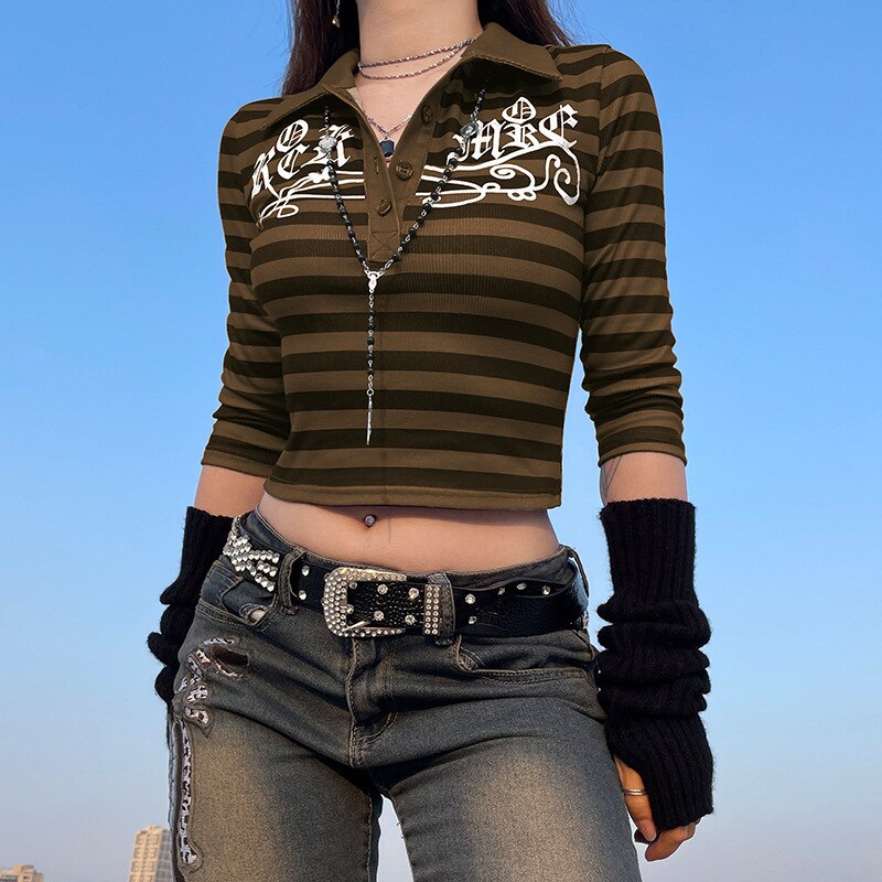 E-girl Gothic Harajuku Crop Top 90s Vintage Graphic Print Skinny Pullovers Tee Punk Grunge T-shirt Y2K Aesthetic Alt Emo Clothes