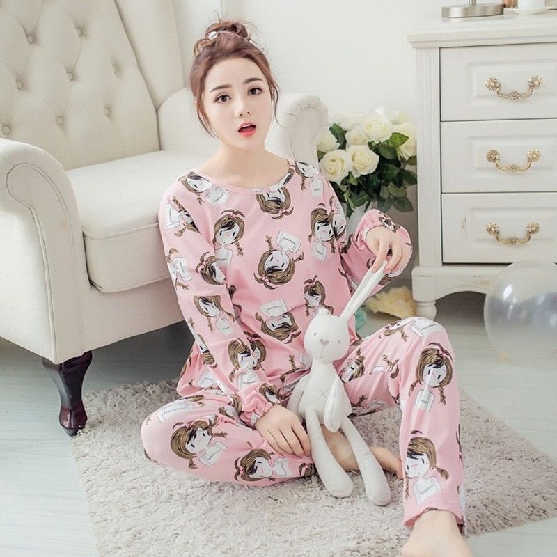 Autumn Thin 2pieces Pajamas Set Women Sleepwear Lovely Home Suits Round Neck Girls Teacup SleepwearLong Sleeve Pajamas