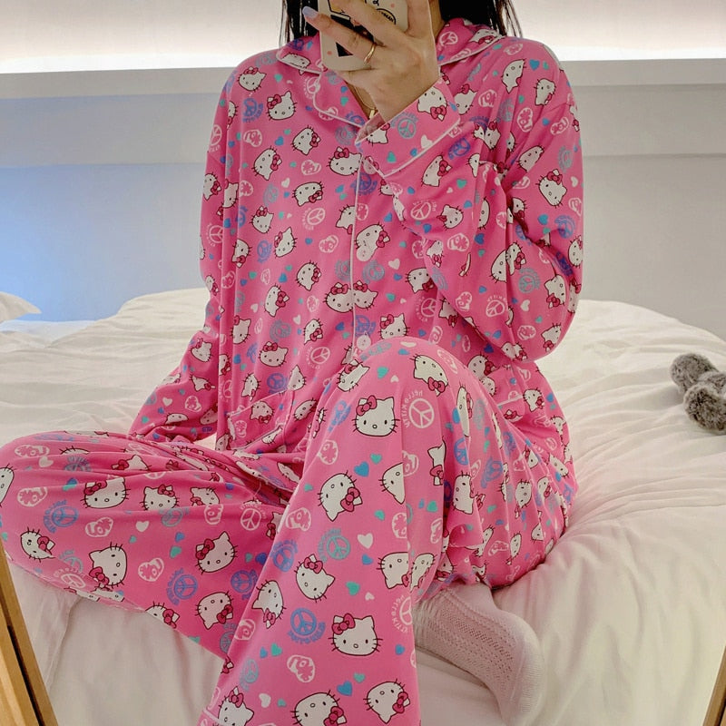Kawaii Sanrio Kuromi New Autumn Kawaii Two Piece Pajamas Soft Home Wear Outgoing Girl Christmas Birthday Gift Clothes