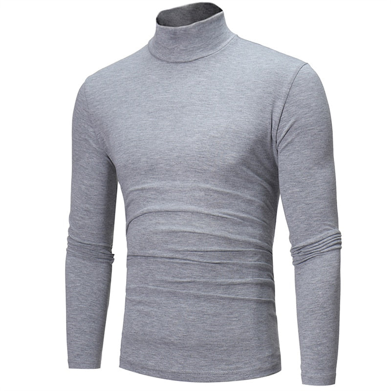 Fashion Men Casual Slim Fit Basic Turtleneck High Collar Pullover Male Autumn Spring Thin Tops Basic Bottoming Plain T-shirt
