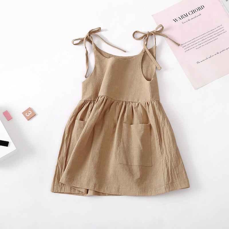 Summer Toddler Girl Dress Sleeveless Cotton Kids Beach Dress with Pocket Solid Slip Dresses for Girls Fashion Girls Clothing