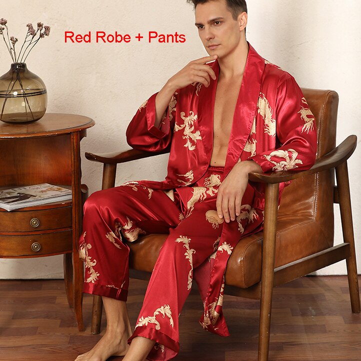 Male Satin Sleepwear Robe&amp;Pants Dargon Pajamas Set Print Men Nightwear Kimono Bathrobe Gown Faux Silk Lounge Wear Home Clothes